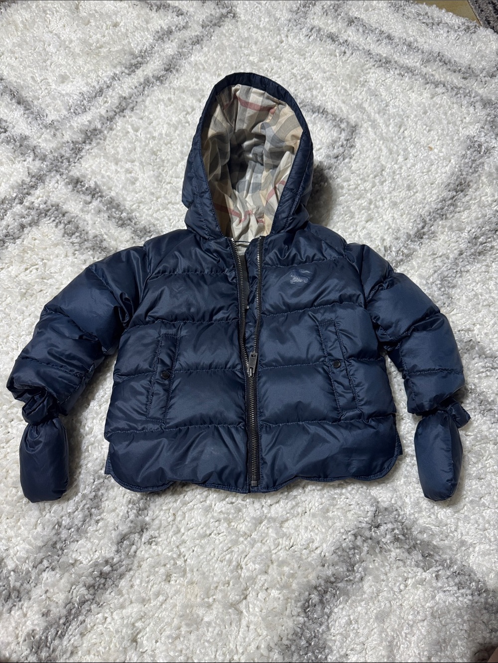 Baby Burberry Navy Puffer Jacket with Hood and snap mittens